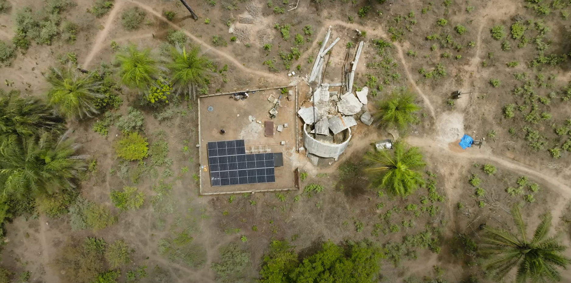 Drone image of a modern, solar-powered water system in Casamance 